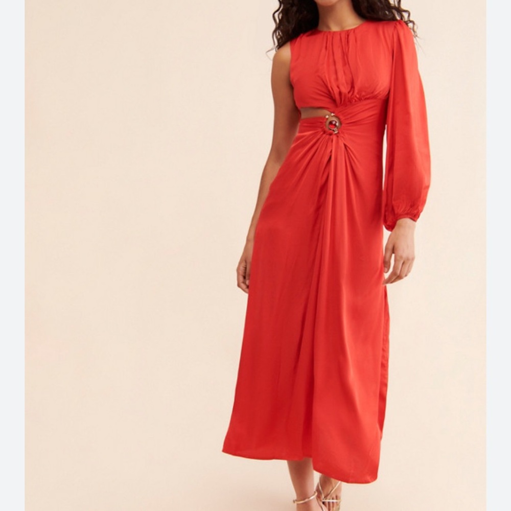 Farm Rio One-Shoulder Red Satin Midi Dress with Ring Detail